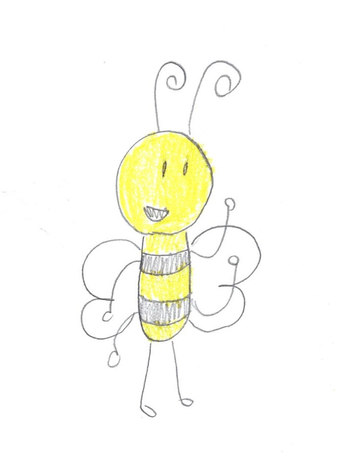 JoJo’s self-portrait: a smiling yellow bee with curly antennae, drawn in pencil and coloured pencil